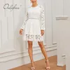 White Lace Dress See Through Long Sleeve Hollow Out Embroidery Vacation Beach party Mini Dresses Summer Women 210415