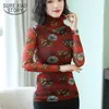 Autumn Long Sleeve Printing Bottom Shirt Woman Elastic Plus Size Tops Red Turtleneck Blusas Femininas Elegante 5667 50 210417