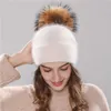 Xthee Women's Hat Winter Beanie Stickad Angola Rabbit Fur Bonnet Girl's Fall Female Cap med POM 211228