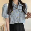 Sommar nedbrytningskrogram singelbröst löst sektion puffhylsa Kort denimjacka Koreanska Casual Kvinnor Coats Veste Femme 210514