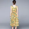 Summer Fashion Designer Women Sleeveless Lemon Yellow Flowers Printing Slim Long Midi Casual A Line Dresses 210514