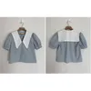 Tops de verano para mujer Tops Femme Spring Shirt Azul Manga corta Algodón Niñas Mujer Blusa Plus Talla Blusas Sólido suelto 210417