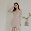 GÜZ KAPALI Omuz Korean Bayanlar Seksi Uzun Kollu Slash Boyun Ofis Parti Sıkı Elbise Kadınlar Için Çin Giyim 210602