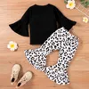 Conjuntos de roupas outono toddler inverno crianças bebê meninas roupas pretas t-shirt Tops + Leopard Imprimir Calças Bell-Bottomed Flared Outfits Set