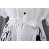 [EAM] Women White Big Size Print Sashes Ruffles Dress Lapel Short Sleeve Loose Fit Fashion Spring Summer 1DD7143 210512