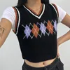 argyle sweater vest crop top women sleeveless knitted sweater pullovers casual streetstyle short club party sweater vest 210415