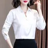 Мода шелковые женские рубашки Элегантная атласная блузка V шеи белые блузки плюс размер S и OL 210531