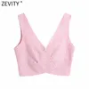 Zevity Women Fashion Vネックテクスチャツイードショートベストブラウス女性シックカジュアルプリーツデザインシャツクロップブルスサマートップスLS9383 210603