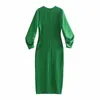 Verde Maxi Abito Donna Manica Corta Slim O-Collo Increspato Plissettato Elegant Ladies 210421