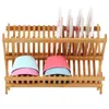 Kök lagringsorganisation 2 nivåer Bamboo Folding Dish Rack Drying Holder Utensil Drainer CofAntable Compact Wooden Dinner Plates