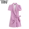 TRAF Women Chic Fashion Office Wear Blazer-Style Playsuit Vintage Crossover con scollo a V Manicotto a sbuffo Bow Tied Tuta femminile 210415