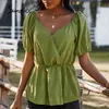 Elegante Solid Short Puff Sleeves Wrap Blouse Lente Casual V-hals Katoen Blouses Dames Vrijetijdskleding Damesmode 210414