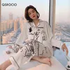 Qsrocio pijama feminino conjunto estilo luxo moda natural animal graffiti sleepwear seda como lazer casa roupas nightwear 210831