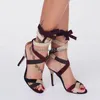 Faux Suede Patchwork Thin High Heel Sandals Kontrast Färg Ankelband Stiletto Sommarskor Kors Tie Lace Up Ladies