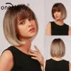 Onenonly 짧은 Bobo Wig Ombre Brown Blonde Grey Synthetic Wigh with Bangs 코스프레 천연 일일 머리 여성 내열성 527676243937