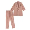 Korea Mode Single Button Pink Blazer Jas Dames Pant Pak Hoge Taille Spring Office Wear Suits 2 Stuk Set D536 210512