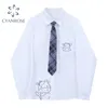 Vache Imprimer Blanc Cardigan Blouses Avec Cravate À Manches Longues Streetwear Surdimensionné Style Preppy Chemises Harajuku Casual Petit Ami Rok Top 210430