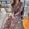 Flower Print Dress Women Korean Chic V Neck Long Sleeve Ladies Vestidos Summer Elegant High Waist Female Dresses 210422