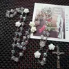 Qigo Pink Rose Crystal Rosary Necklace Catholic Vintage Cross Hanger Lange Ketting Religieuze Sieraden G1206