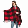 Wholale Custom Winter Fashion Christmas Red And Black Plaid Scarv With Tassel Ladi Split Cloak Thickened Shawl Scarf 2021