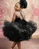 2021 Cute Black Princess Girls Pageant Dresses Velvet Bow Crystal Beads Kids Wedding Flower Girl Dress Communion Gowns Ruffles Tiered Knee Length Criss Cross Back