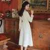 Katı Uzun Kollu Yay Peter Pan Yaka Elbise kadın Giyim 2021 İlkbahar Sonbahar Yeni Vintage Tiki Tarzı Düğümlü MIDI Elbiseler Y1204