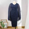 Женщины BodyCon платье V шеи пэчворк шифоновые рукава темно-синий тонкий подходит плюс размер 4XL женская вечеринка ночь элегантная одежда 210416