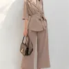 Стильные дизайнерские взлетно-посадочные полосы брюки костюма набор офисные дамы шифон зубчатый пояс пиджак высокая талия трусики твердые хаки женщины Feminino 210608