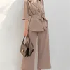 Stylish Designer Runway Pants Suit Set Office Ladies Chiffon Notched Belt Blazer High Waist Pant Solid Khaki Women Feminino 210608