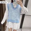 ZEVITY Yeni Kadın Moda V Boyun Houndsthooth Ekose Patchwork Yelek Ceket Ofis Bayanlar Kolsuz Casual Ince Yelek Üstleri S378 210419