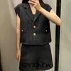 Damesmode met metalen knopen Tweed bijgesneden vest vintage mouwloze elastische zoom Vrouwelijke vest jas chique tops 210416