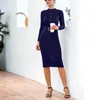 Casual Dresses Slim Sheath Dress Höst Vinter Elegant Office Lady Skinny Långärmad Knapp Bodycon O-Neck to Knee Fall för kvinnor 2021