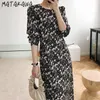 Matakawa Imprimer Floral Puff Sleeve Robe Femme Vintage Manches longues O-Cou Robes Automne Slim Mousseline Femme Robe 210513