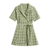 Krótki rękaw Sukienka Summer Sukienka Kobiety Plaid Drukuj Vintage Koreański Podwójne Breasted Mini Frcoks lub Vestidos Bandaż Slim Female 210417