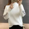 High quality women fashion Turtleneck sweater Women Top Woman Long Sleeve Warm sweaters Embroidered Knitted pullover 597E 210420