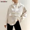 INSTA мода женские толстовки негабаритные асимметричные подол сплошные черные белые осенние толстовка свободно уличная одежда с капюшоном пуловер 210813