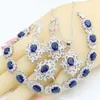 Earrings & Necklace Silver Color Bridal Jewelry Sets For Women Blue Crystal Bracelet Pendant Ring Wedding Gift Box