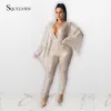 Wysokiej jakości kobiecy para cekin flare rękaw Bodycon kombinezon elegancki glitter club v szyja romper jesienna kombinezon plus size 210709