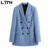 LTPH Double Breasted Blazer Jacket Vintage Business Casual 2 Piece Set Kvinnor Passar Formella Byxor Outfits Vår Höst 210927