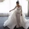 Robes décontractées élégante dentelle sirène robes de mariée col transparent manches longues train détachable saoudien arabe mariée femmes