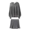 PERHAPS U Gray Solid O Neck Sweater Full Sleeve Women Mini Skirt Knitted Two Pieces Set Elegant T0102 210529