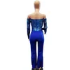Women Spring Long sleeve Blue Romper Floral See Through Lace Patchwork Bow Backless Office Lady Harem Pants Jumpsuit overalls 210520