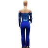 Mulheres Primavera Longa Manga Azul Romper Floral Ver através do Laço Relógio Laço Backless Escritório Senhora Harem Calças Jumpsuit Macacão 210520