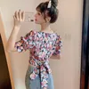 Women's T-Shirt Spot Real S 2022 Summer Floral Retro Thin All-Match Strapless Short Slim Shirt Puff Sleeve Square Neck CropTop