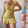 Joco jolee sommar sexig rem blommig tryck ruffles mini klänning casual ärmlös tight bodycon dress boho beach party sundress 210619