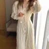 Korea Chic Loose Casual Ladies Robe Summer Trendy Clothing Vestido V-hals Pearl Button Pleated Lace Dress 210510