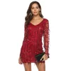 Shining Glitter Mini Tassel Fringe Parreny Red Dress Mesh Lange Mouw Sexy Christmas Party Dresses Vestido de Noche Casual