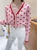 Preppy Style Pink Heart Knit Cardigans Intarsia Sweater Women V Neck Loose Elegaht Thicken Pull Femme Casual Coat C-099 210812