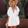 Bikini Cover-ups White Tunic Sexy V-neck Butterfly Sleeve Summer Beach Wear Mini Dress Plus Size Women Swimsuit Cover Up D0 210420