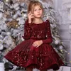 Flower Girls 'Dresses Sequin Burgundy Baby Velvet Full Sleeves Blommor Klänning Knee Längd Klänningar Bow Puffy First Communion